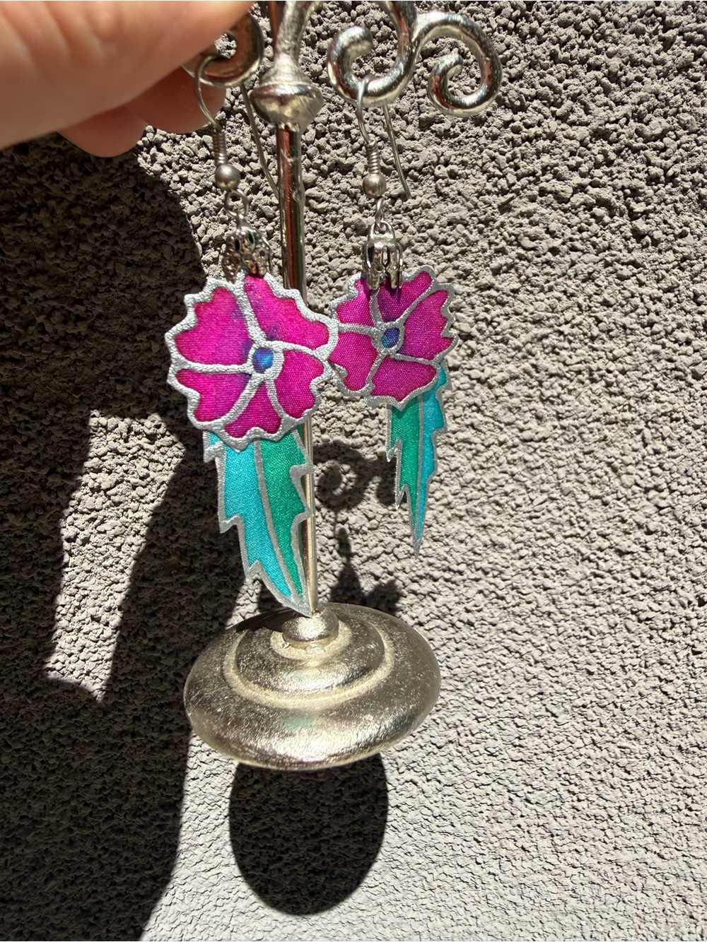 Handmade Silk Fabric Flower Leaf Dangle Earrings, Pink Magenta Floral Statement